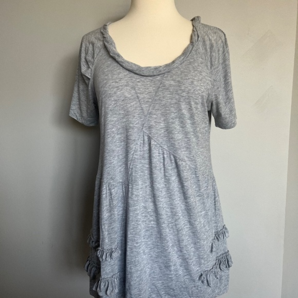 Marc Jacobs Gray Ruffle‎ Cotton Cocktail Ruched Sleeve Blouse Tunic T-Shirt Top